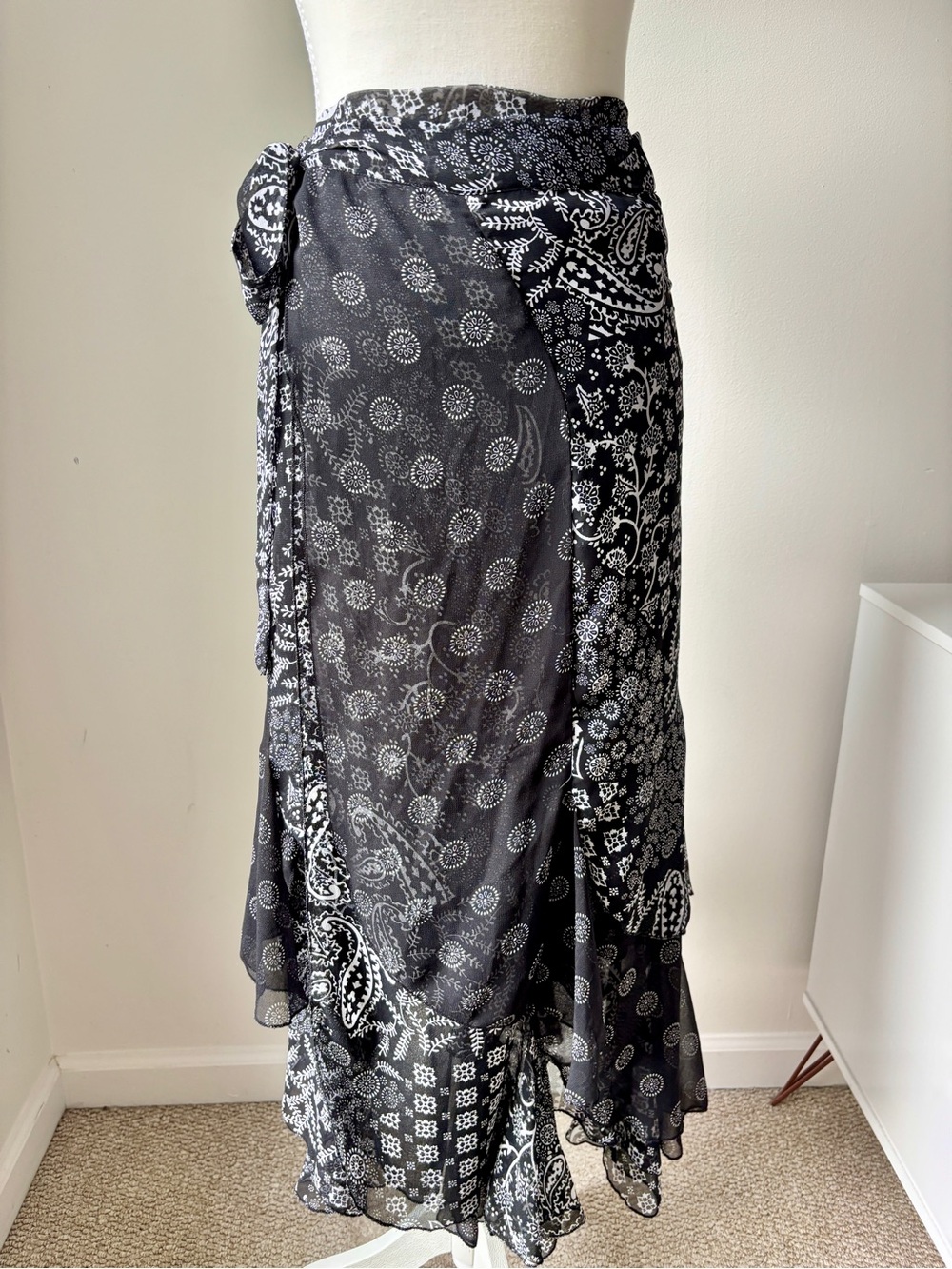 Black and White Paisley Two Layer Bohemian Maxi Wrap Skirt - Picture 2 of 10